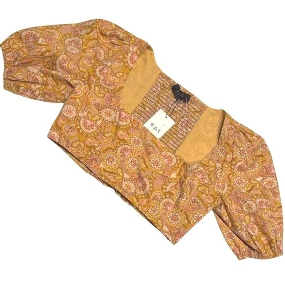 New Anthropologie o.p.t Sana Gold Paisley Smocked Crop Top Boho Festival Size LG